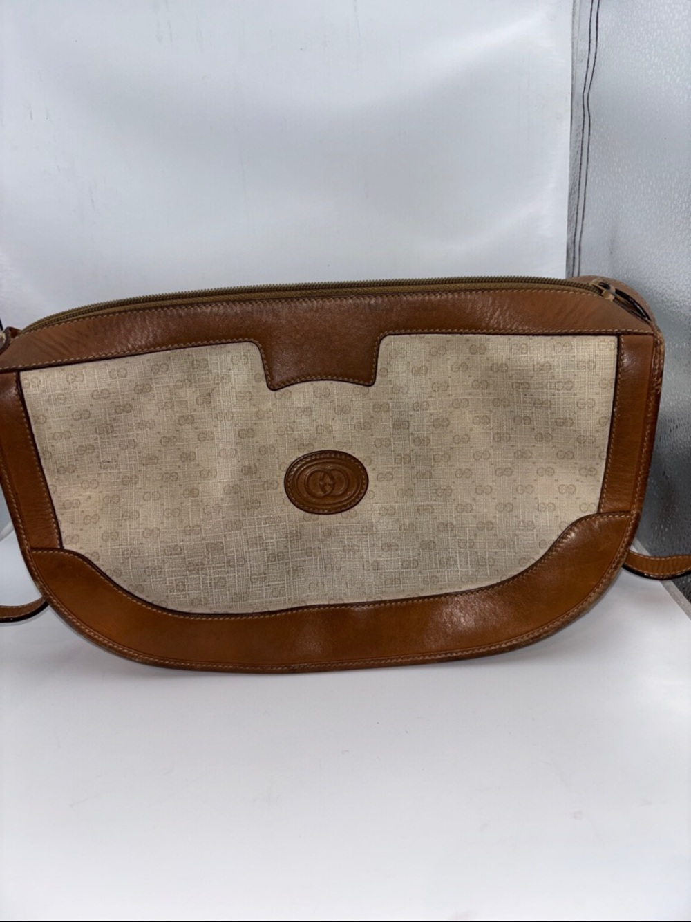 Vintage Gucci Brown Leather-Trimmed Beige Monogram Crossbody